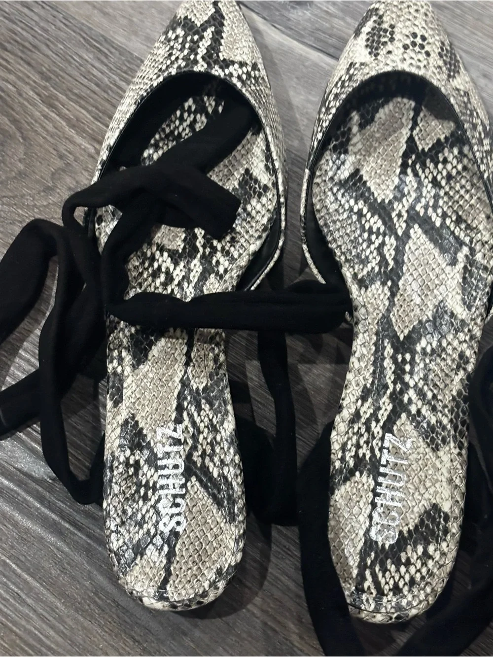 NIB Schutz Barbrah Snake Print Tie Ankle Ballet Flats Black Gray 9.5 Balletcore